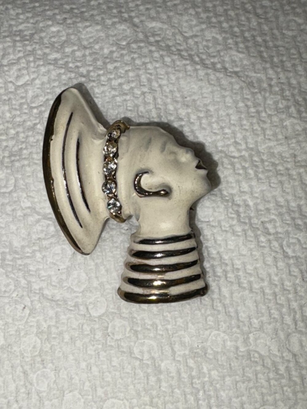 Vintage African-Inspired Enamel & Rhinestone Brooch Pin Elegant Ivory Gold-Tone